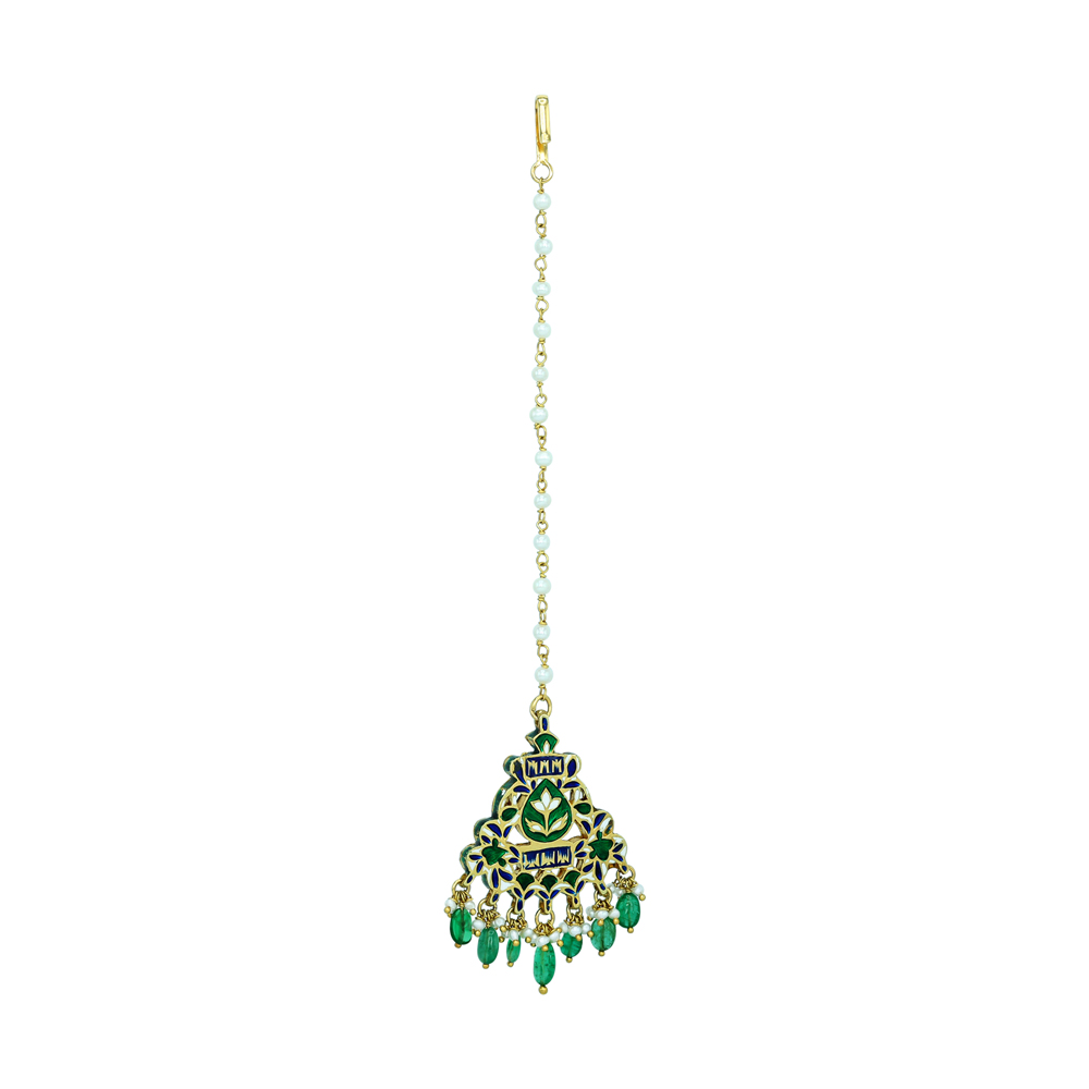Green Enamel Polki Mangtikka with Pearl and Emerald Drops